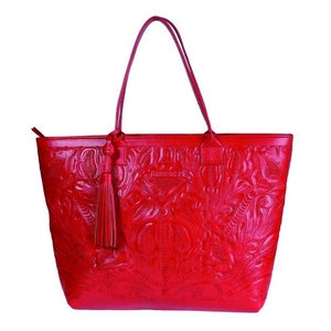 Hand Tooled Bag/Tooled Leather Bag/Leather Tooled Purse/Large Leather Tote/Red Leather Bag/Tooled Mexican Bag/Leather Bag/Mexican/Frida Bag