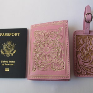Reise-Set/Rosa Leder/Reisepasshülle/Reisepasshülle/Gepäckanhänger/geprägtes Leder/handgeprägte Tasche/Hellrosa/Mexikanisch/Reisegeschenk/MexicanGift