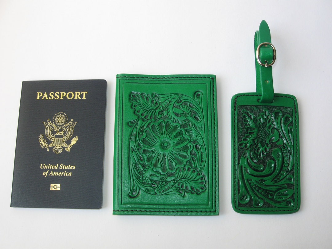 Travel Set/green Leather/passport Cover/luggage Tag/tooled Etsy