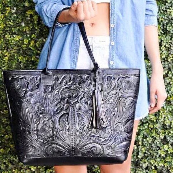 Hand Tooled Tote/Tooled Leather Bag/Hand Carved Purse/Tooled Black Leather/Black Leather Tote/Weekend Leather Bag/Mexican Bag/Frida Bag