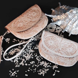 Hand Tooled Leather Clutch White Wash Natural Color Leather Wristlet Clutch