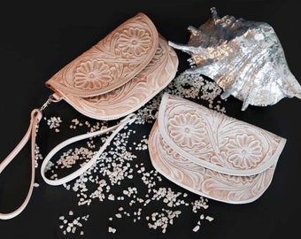 Hand Tooled Leather Clutch White Wash Natural Color Leather Wristlet Clutch