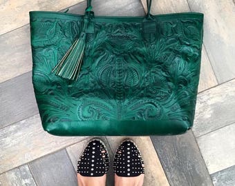 Hand tooled dark green bag