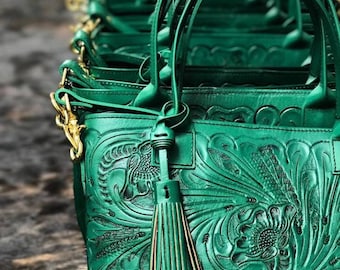 喜ばれる誕生日プレゼント Hand Green Bag/pine Leather Green Bag/dark Leather Tooled 小物