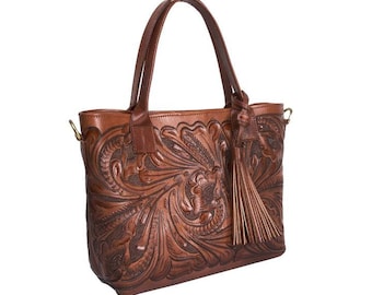 Hand Tooled Leather Bag/Crossbody Tooled Bag/Leather Carved Crossbody/Brown Leather Purse/Mexican Bag/Hand Tooled Leather/Mexican Style/