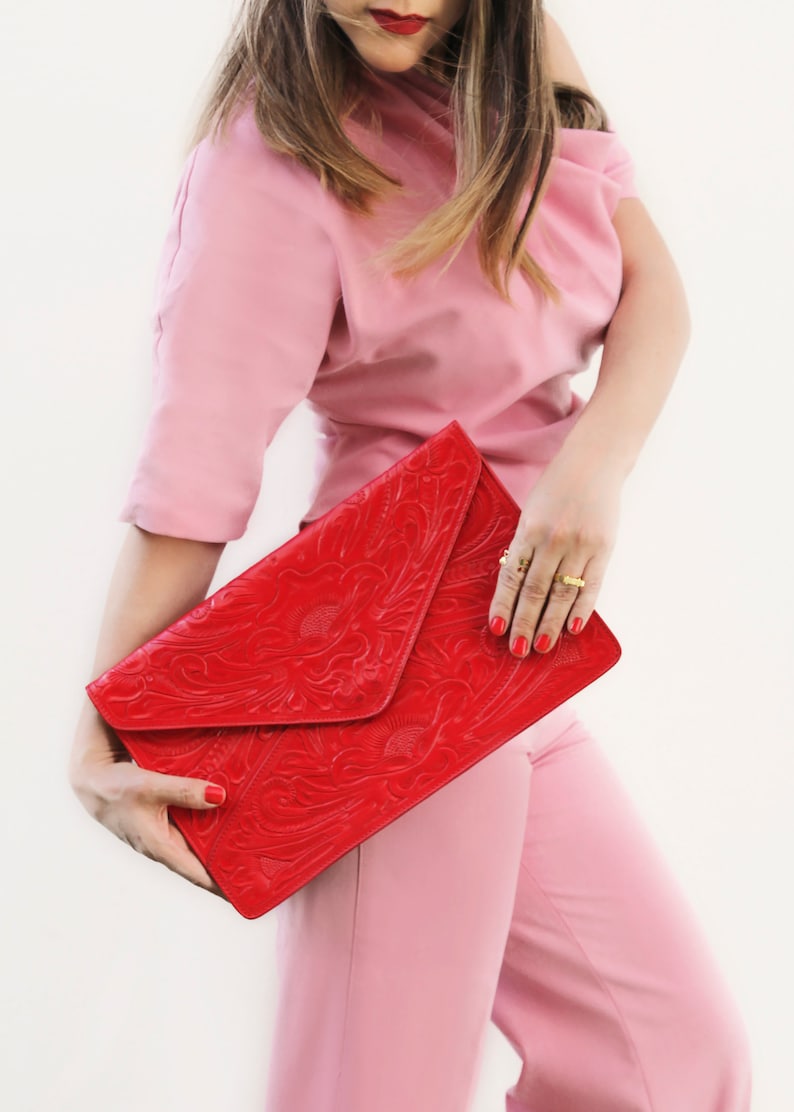 Hand Tooled Clutch/Mexican Clutch/Leather Clutch/Red Leather image 1