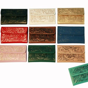 Hand tooled leather wallet/Leather Wallet/Mexican Wallet/Colorful Wallet/Trifold Walled/Coin Purse