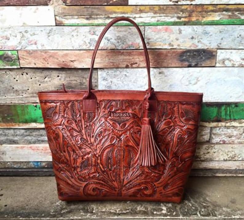 Hand Tooled Tote/carved Leather Bag/tooled Bag/brown Leather Etsy