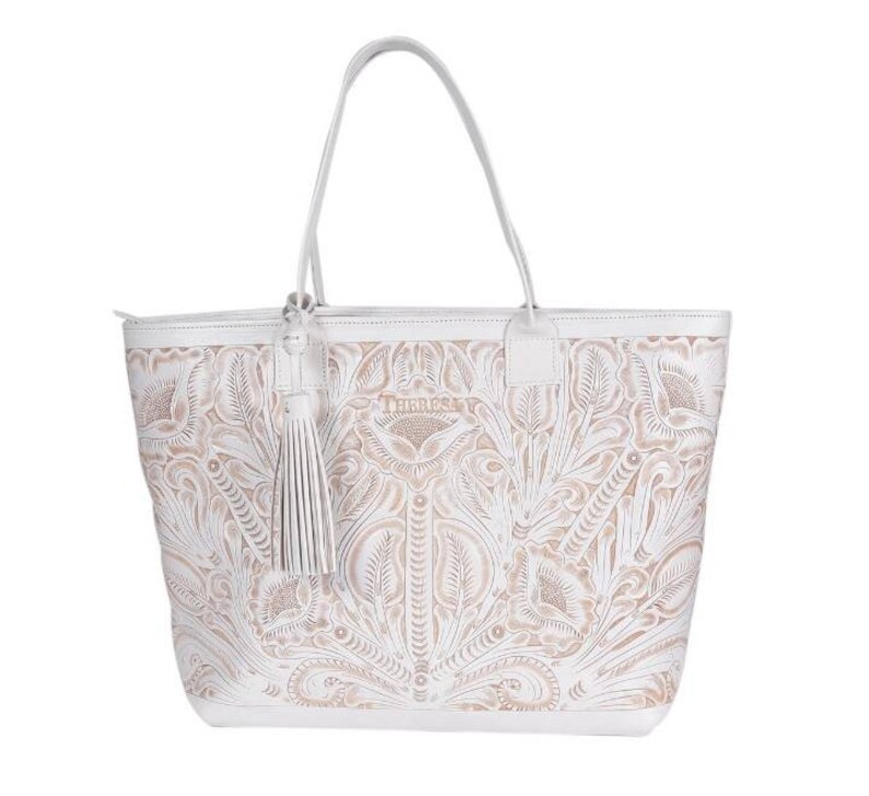 May include: White leather tote bag with a floral embossed design and a tassel. The bag has a zipper closure and a top handle.