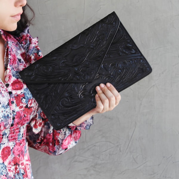 Black Leather Clutch/Black Leather Evening Bag/Black Leather Bag/Hand Tooled Leather Clutch/Tooled Leather Bag/Black Mexican Clutch/FridaBag