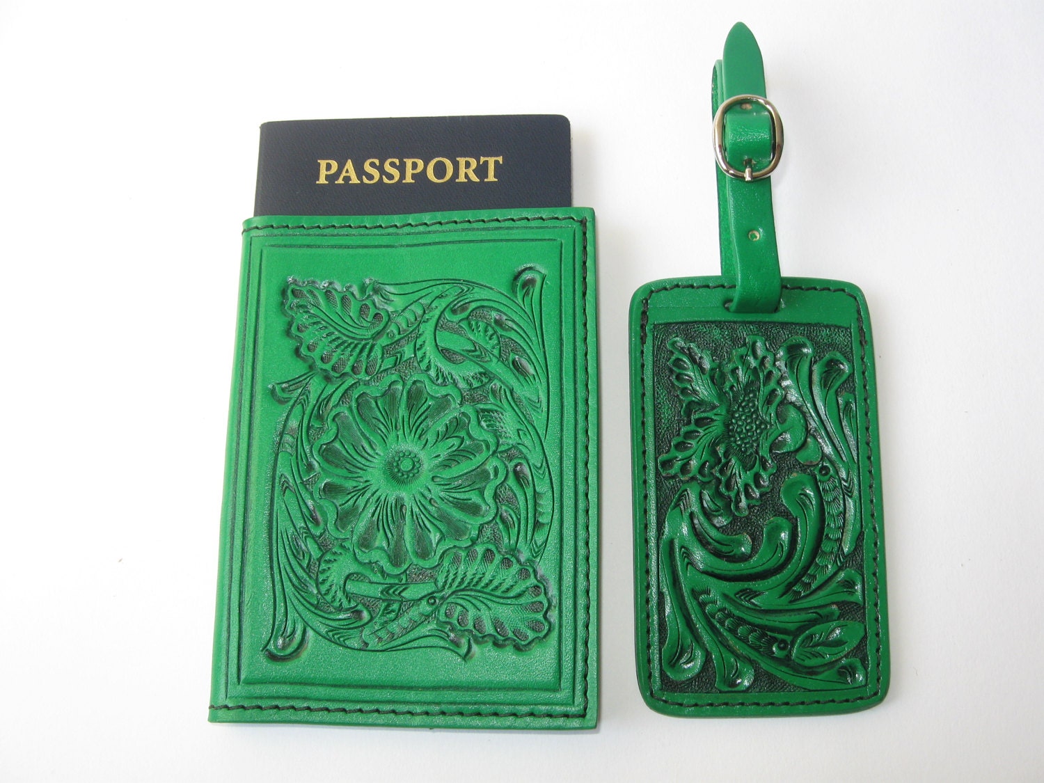 Travel Set/Green Leather/Passport Cover/Luggage Tag/Tooled Etsy