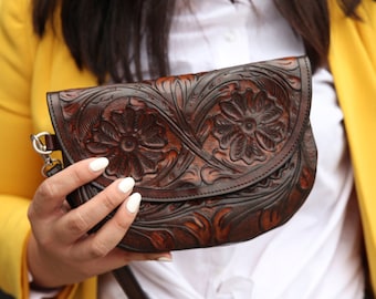 Dark Brown Hand Tooled Leather Wristlet Clutch