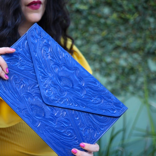 Cobalt Blue Leather/cobalt Clutch/blue Tooled Bag/cobalt Hand Etsy