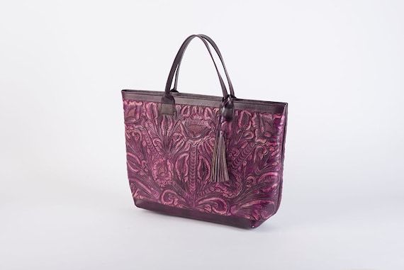 Purple Leather Bag/Tooled/Leather Travel Bag/Hand