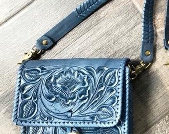 SALE!!! SUN DAMAGED!!! Blue Leather Bag, Leather crossbody bag, Hand Tooled Bag, Crossbody Bag,  Mexican Bag, Mexican Leather Bag