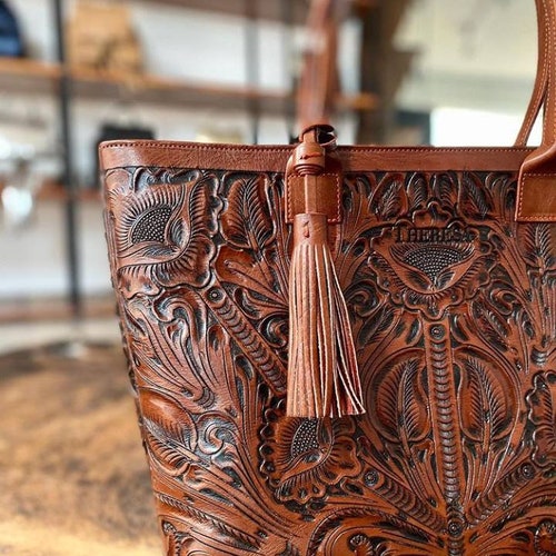 Hand Tooled Tote/carved Leather Bag/tooled Bag/brown Leather Bag