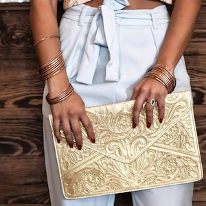 Gold Leather Clutch Hand Tooled Leather Clutch Evening Purse