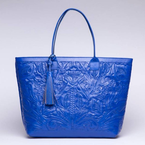 Bolso de cuero azul/Bolso de mano azul/Cuero repujado azul/Tote de cuero azul/Monedero de cuero azul/Bolso de cuero repujado/Bolso tallado a mano/Bolso Frida/Mexicano