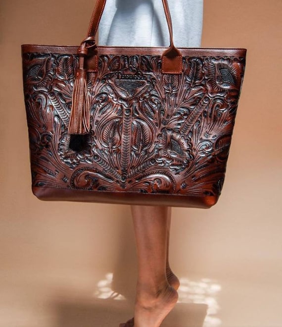 Leather Tote Handcrafted Tooled Bag Floral Bag CUSTOM Options Western Purse  Strap INCLUDED 