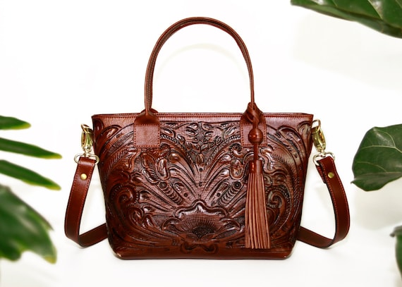 Hand Tooled Bag/Leather Crossbody Bag/Brown Leather/Brown Crossbody/Hand Carved Bag/Hand Tooled Purse/Mexican Leather Bag/Brown Carved Purse