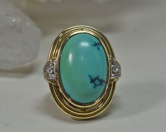 Vintage 14K Gold 14 carat Turquoise Diamond Ring sz 5.75 Artisan Made