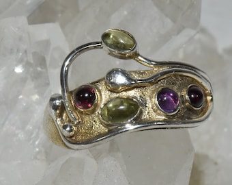 Vintage Whimsical  Sterling Silver Artisan Ring Amethyst Peridot Garnet Fantasy Sz 7.25