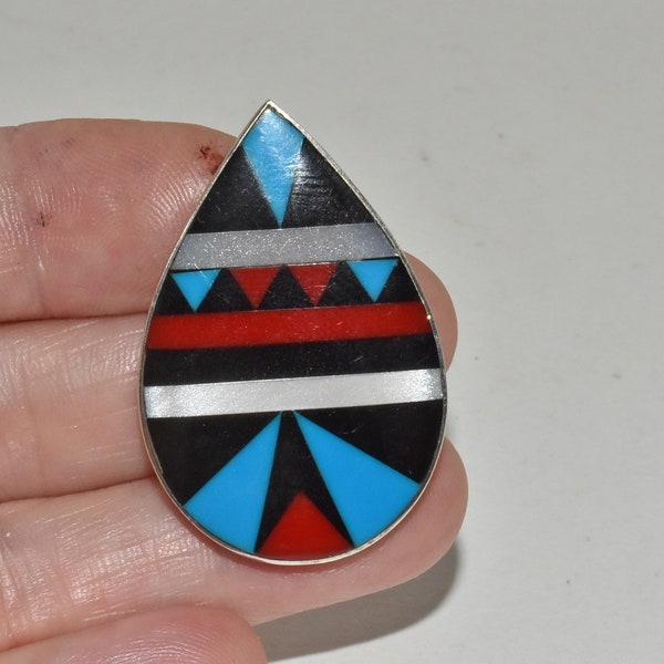 Sterling Silver Zuni Inlaid Pendant Charm for Necklace Turquoise Onyx MOP Vintage Indian Piece