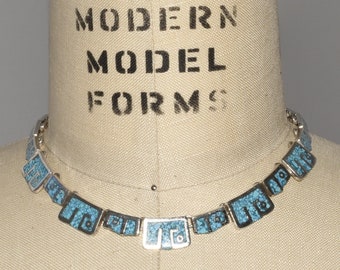 Vintage Mexican Taxco Sterling Silver Crushed Turquoise Inlaid Linked Choker Necklace