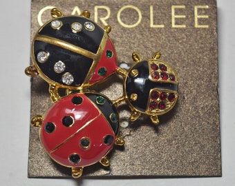 Carolee Enamel Lady Bug Trio Gold Tone Rhinestone Ladybug Pin Brooch NWT