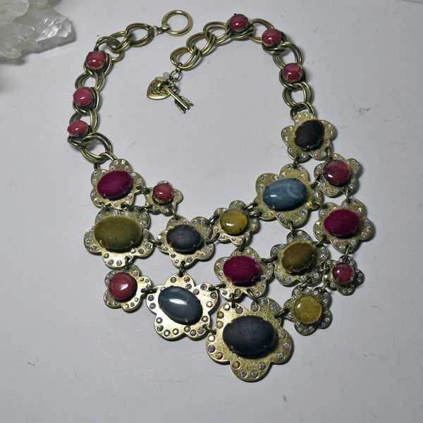 BIg and Bold Statement Betsey Johnson Bib Necklace Velvet Stone Metal Funky Floral Necklace