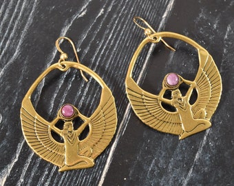Vtg Egyptian Revival Goddess Isis Dangle Brass Earrings Purple Stone Cabochon
