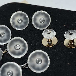 Vintage Diamond Rock Crystal Platinum 9K Gold Cufflinks Shirt Set Buttons Collar Studs Mens Jewelry