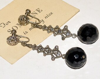 Vintage Art Deco Black Glass Faceted Ball Rhinestone Dangle Screw Back Earrings