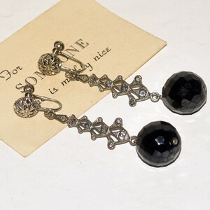 Vintage Art Deco Black Glass Faceted Ball Rhinestone Dangle Screw Back Earrings