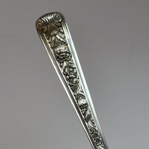 Antique English Sterling Silver Spoon 8 3/8 Long Fancy Repousse Floral Handle image 1