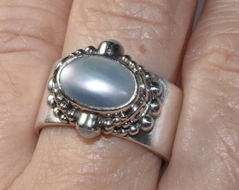 Vintage Sajen Wide Sterling Silver Pearl Bali Ring Adjustable Sz 9