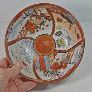 Vintage Hand Painted Japanese Kutani Ceramic Bowl Signed Cranes Fans Scroll Writing