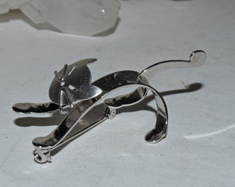 Vintage Beau Sterling Silver Stretching Kitty Cat Pin Brooch Moving Head