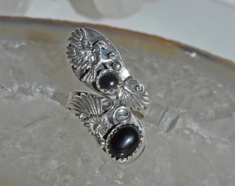 RB Richard Begay Navajo Sterling Silver Black Onyx ByPass Ring 6.5 Adjustable