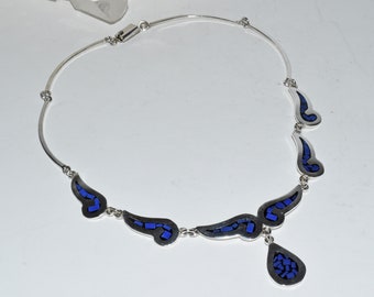 Vtg Mexican Solid Sterling Silver Blue Chalcedony & Onyx Inlaid Linked Necklace