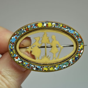 Antique Victorian Celluloid Carved Silhouette & End of Day Enamel Pin