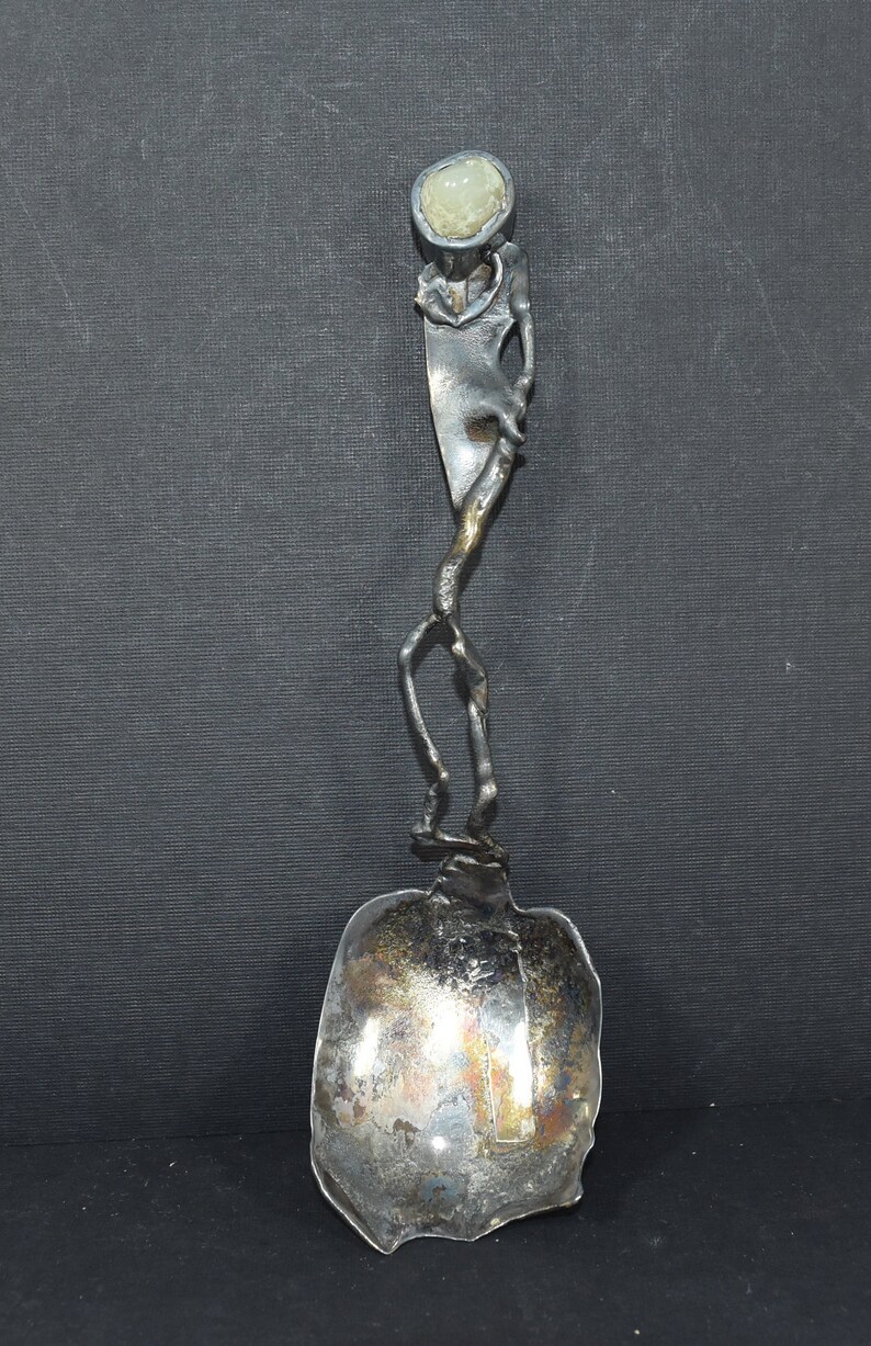 Icelandic Jens Peter Clausen Gudjonsson JENS 1920-2010 Brutalist Sterling Serving Spoon with Agate Stone Mid Century Modern