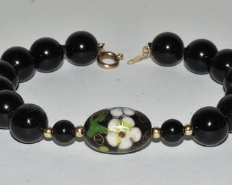 14k Gold Cloisonne & Black Onyx ręcznie wiązane perlisty bransolety 8" długi