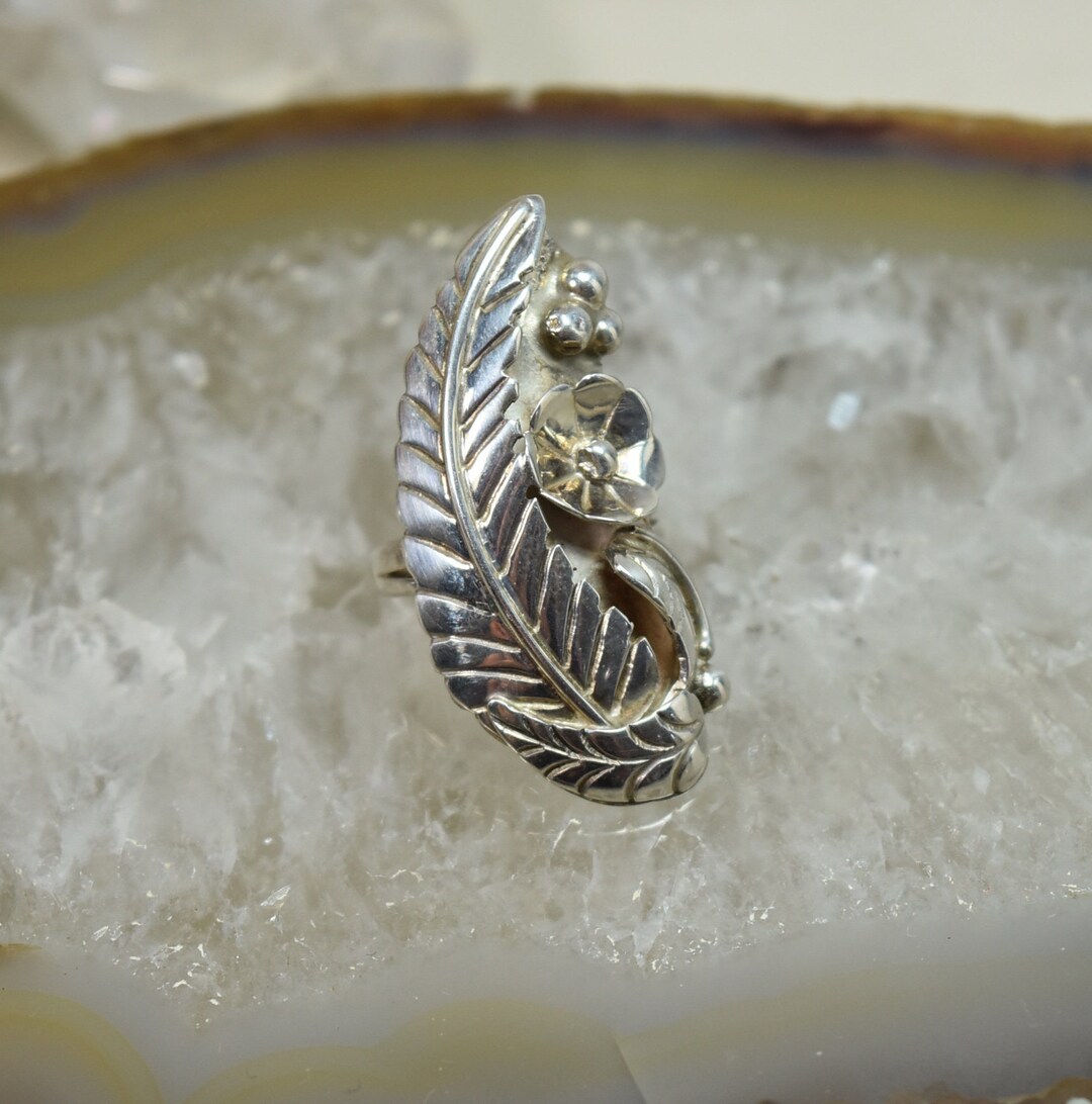 Vintage Sterling Silver Navajo Indian Feather & Flower Ring Sz Etsy