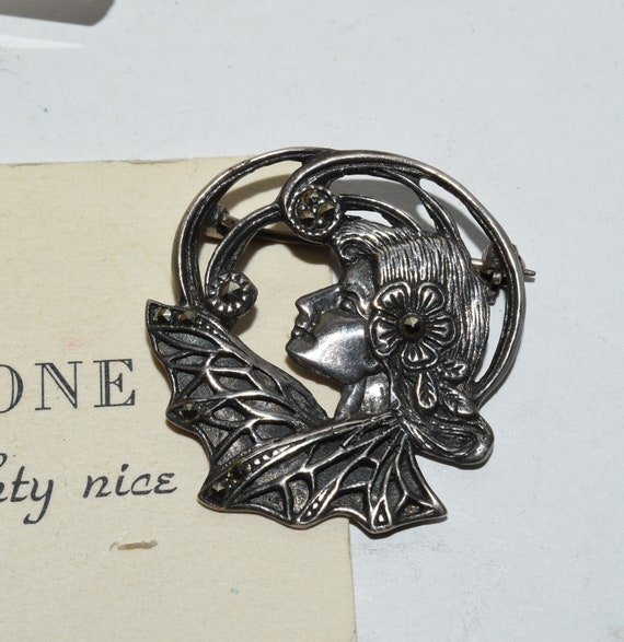 Vintage Art Nouveau Sterling Silver Marcasite Lad… - image 3