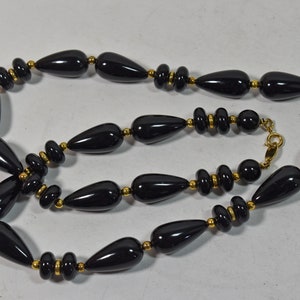 Vintage Trifari Black Plastic Beaded Necklace w/ Gold Spacer Beads 24" long