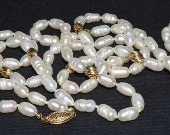 14K Gold & Large Freshwater Pearl Beaded Hand Knotted 36" Long Necklace