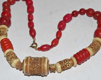 Vintage Red & Natural Molded Carved Celluloid Plastic Beaded Necklace 17 1/2" L