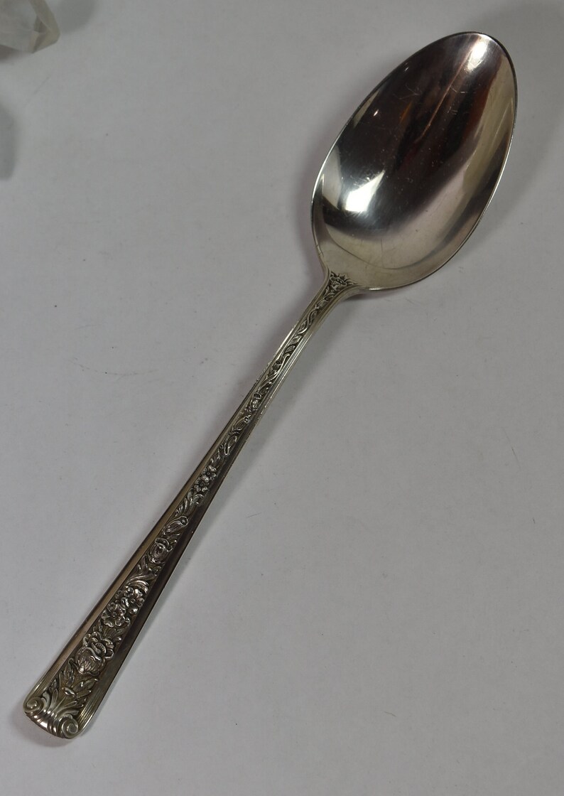 Antique English Sterling Silver Spoon 8 3/8 Long Fancy Repousse Floral Handle image 2