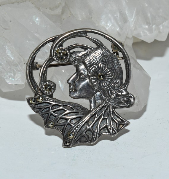 Vintage Art Nouveau Sterling Silver Marcasite Lad… - image 10